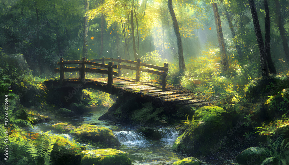 Poster wooden bridge over stream in forest with sunlight filtering through trees
