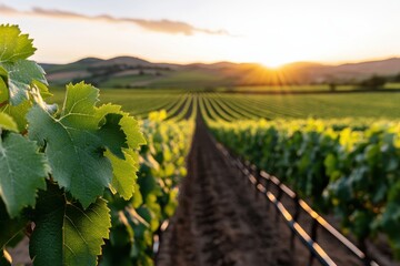 Fototapeta premium A stunning view of a vineyard reflecting the golden light of dawn, where neatly arranged grapevines stretch out, creating a captivating image of agricultural beauty.
