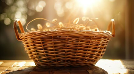 Obraz premium A wicker basket filled with dried flowers, illuminated by soft sunlight.