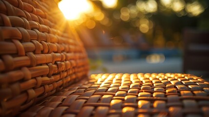 Obraz premium A close-up of a woven chair illuminated by sunlight, creating a warm, inviting atmosphere.