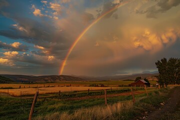 Obraz premium Dramatic sunset landscape showcasing a vibrant rainbow arching over golden fields near a rustic barn on a tranquil evening