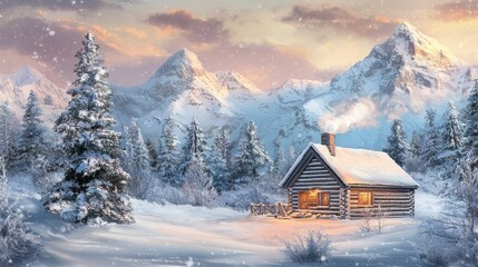 Stunning sunrise from a cozy cabin in a snowy mountainscape surrounded by pine trees