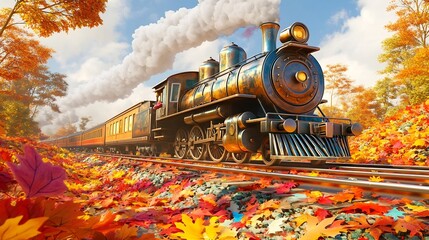 Vibrant Cartoon Style Autumn Train Journey Through Lush Landscape
