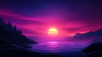 A breathtaking sunset view with vibrant pink and purple hues reflecting on the calm water, surrounded by dark silhouettes of mountains and lush trees under a serene sky.