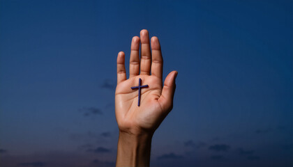Hand holding a cross against a twilight sky background