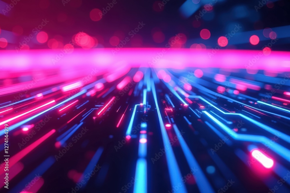 Poster a dynamic abstract representation of digital technology with vivid blue and red light trails evoking