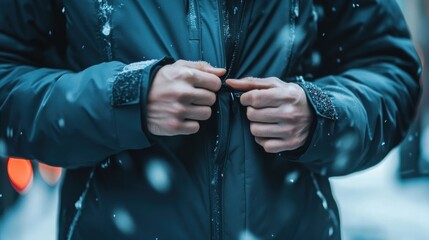 Person zipping up dark teal winter jacket in snow