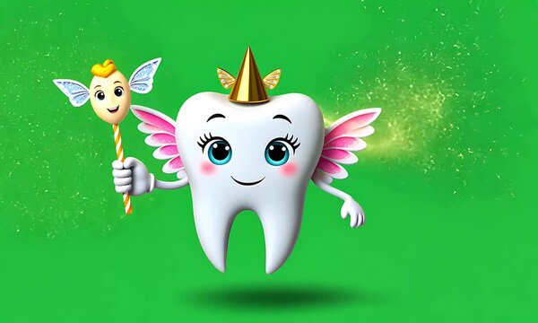 Cute tooth fairy holding a magic wand on green background