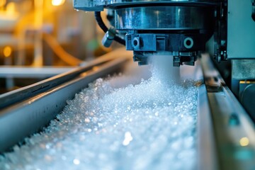 Extruder machine converting plastic flakes into pellets in a processing facility