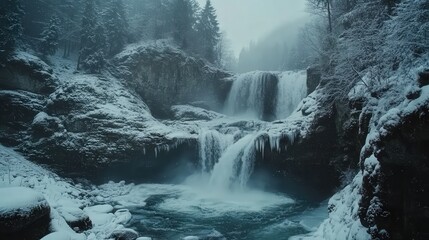 a waterfall flowing in the winter in Bavaria, with thick snow blanketing the rocks and surrounding forest