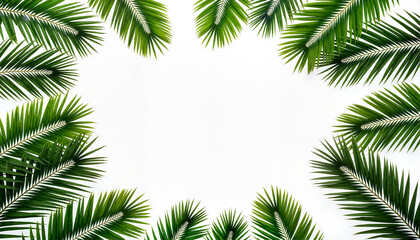 Green palm leaves framing a white background for blogs, websites, stationery designs, tropical-themed projects, summer decorations, and digital art applications