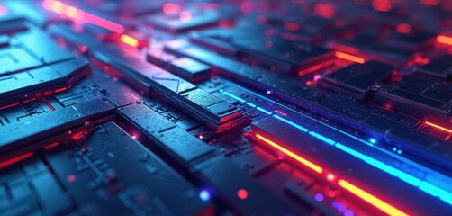 Obraz premium 3D abstract modern technology background illustration. Futuristic metallic design with shiny lines in red, blue colors. Geometric shapes, dark textured surface. Tech concept for business, banner,