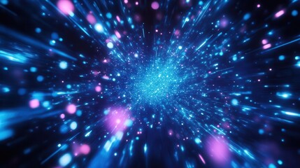 Naklejka premium Nostalgic Retro 80s Video Game Background Featuring a Vibrant Grid of Blue Light Streaks Set Against a Cosmic Space Scene