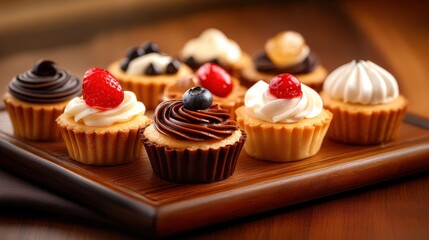 A tempting assortment of elegant cupcakes arranged on a wooden platter, featuring assorted flavors and colorful toppings. Perfect for dessert lovers and special occasions.