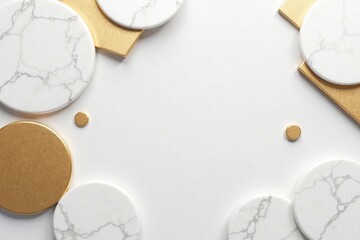 Abstract Composition of Marble and Gold Circles and Squares on White Background