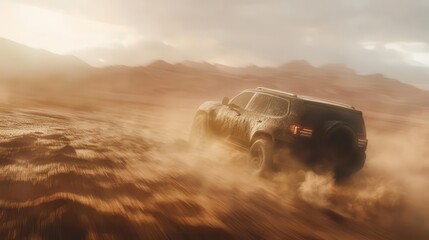 Powerful 4x4 Off-Road SUV Conquering Dramatic Desert Sand Dunes at High Speed with Dust Trails Evoking a Rugged Adventure Spirit