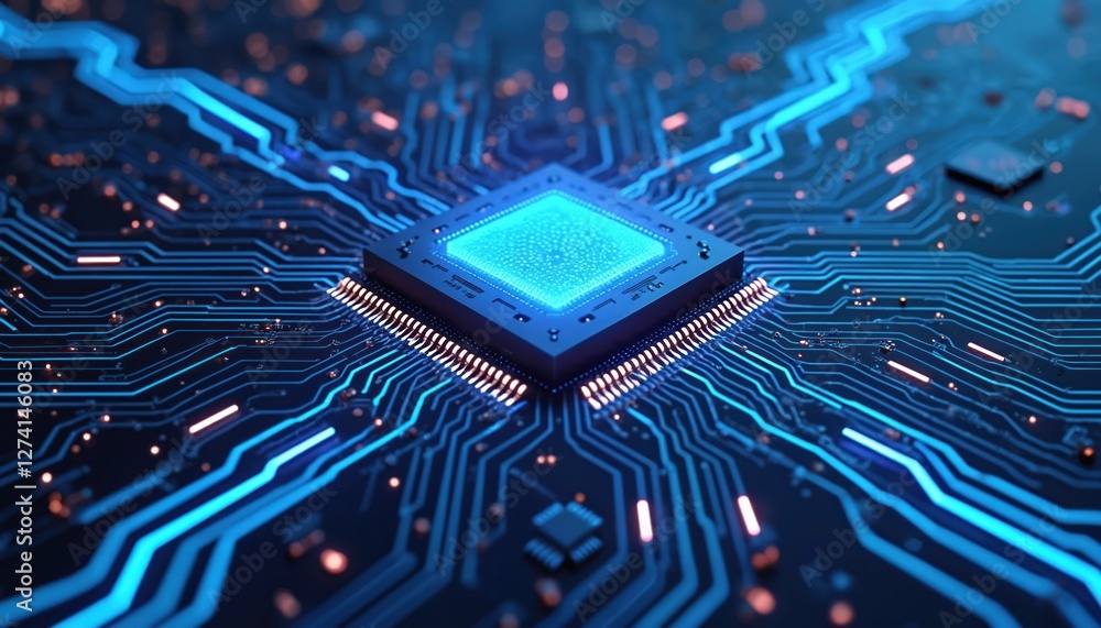 Poster illustration shows computer motherboard with chip, processor, semiconductor on tech background with 