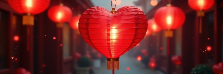 Obraz premium Red heart formed by Chinese lanterns & symbols , asian, asia, valentines