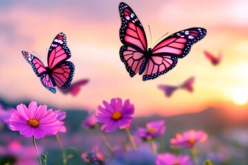 Naklejka premium Sunset Butterflies Over Cosmos Flowers - Two pink butterflies gracefully fly over a field of vibrant cosmos flowers at sunset. Symbolizing freedom, beauty, transformation, peace, and serenity