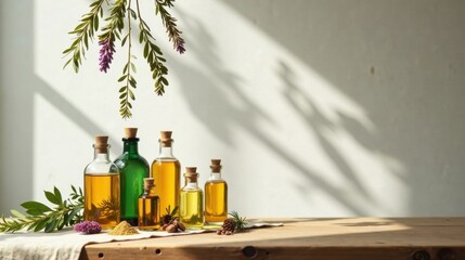 Sunlit Aromatic Oils in Glass Bottles on Wooden Table with Herbal Accents