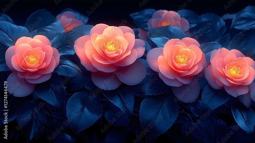 Poster vibrant camellia flower pattern in soft reds and pinks on deep navy background