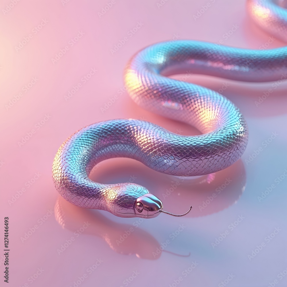 Poster futuristic holographic snake design on pink background. chrome reptile with iridescent scales embodi