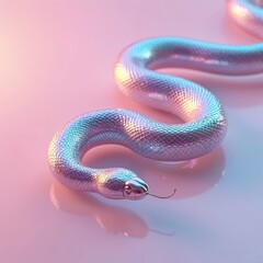 Fototapeta premium Futuristic holographic snake design on pink background. Chrome reptile with iridescent scales embodies 2025 trends. Abstract animal modern, rainbow colored, reflects light, metallic texture, dynamic