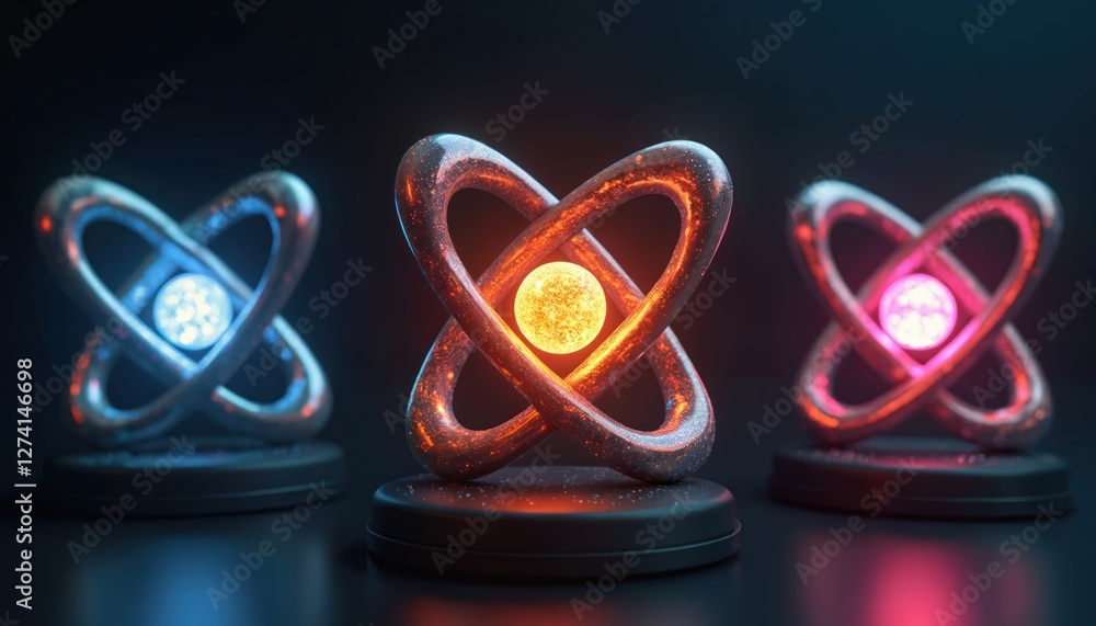 Aufkleber Illustration of three colorful atom models with glowing core, represent different atomic structures, energy concepts. Physics, science background. Quantum molecular scientific electron nuclear energy