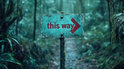 Sign nailed to a tree that says, THIS WAY.