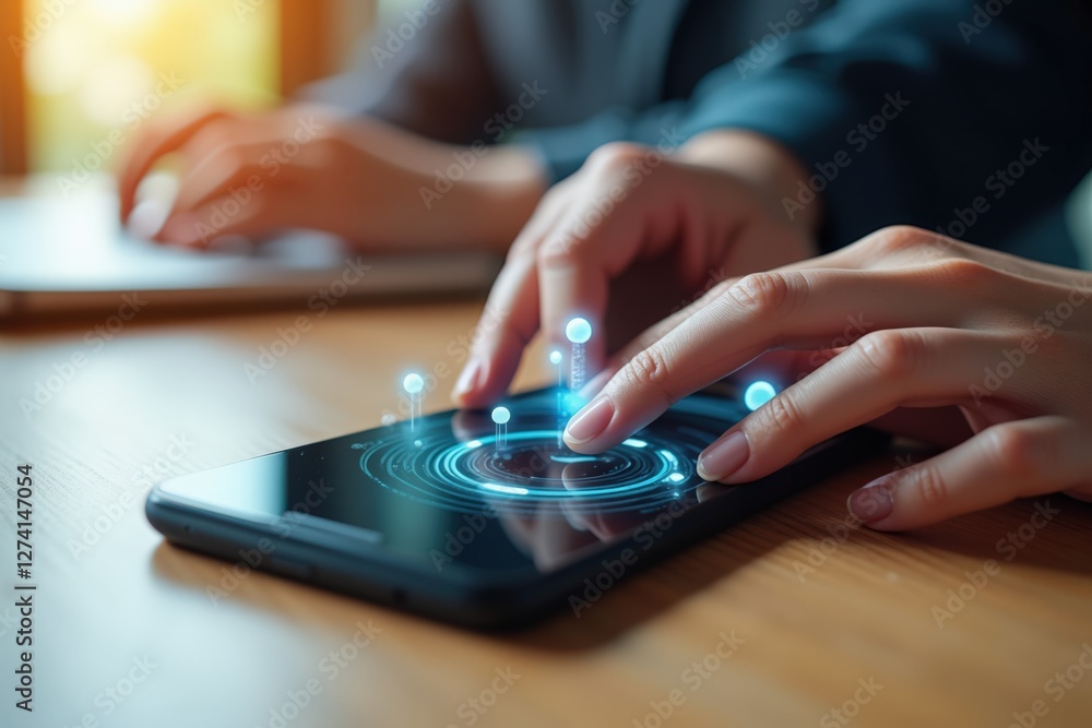 Poster a close-up of a person's hand interacting with a smartphone on a wooden desk, showcasing digital ele