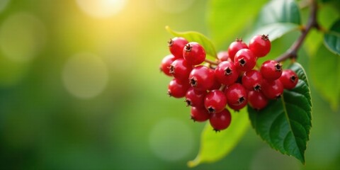 A cluster of vibrant red berries basks in the warm sunlight, showcasing their juicy ripeness against a backdrop of lush green foliage, a delightful scene of natural abundance.