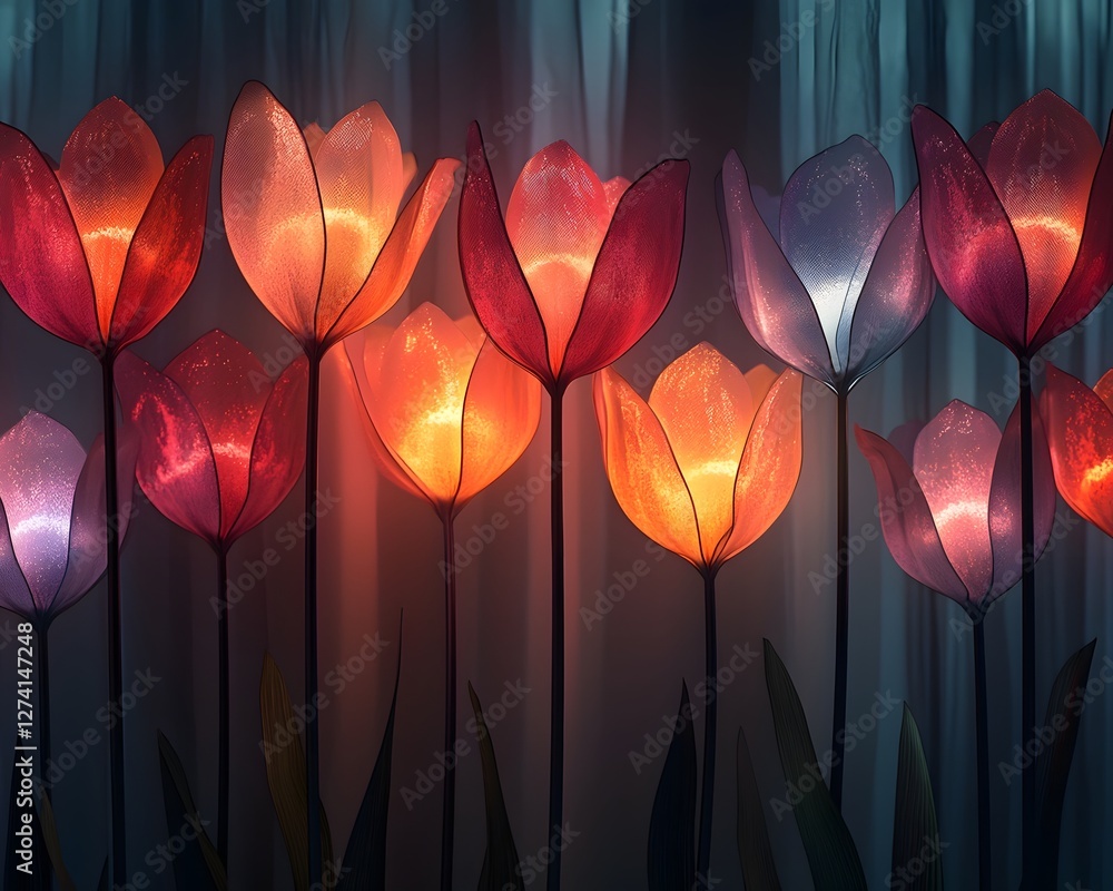 Poster glowing abstract tulip pattern in bold primary colors on black background
