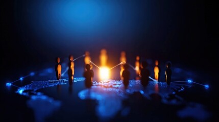 A conceptual image depicting connections among people through technology, symbolizing global networking and communication in a digital world, with illuminated figures around a brig