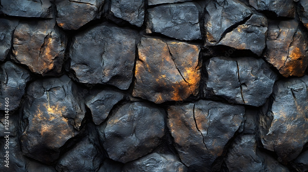 Poster close-up view of a dark stone wall. irregular shapes and textures. macro detail. dark stone wall tex