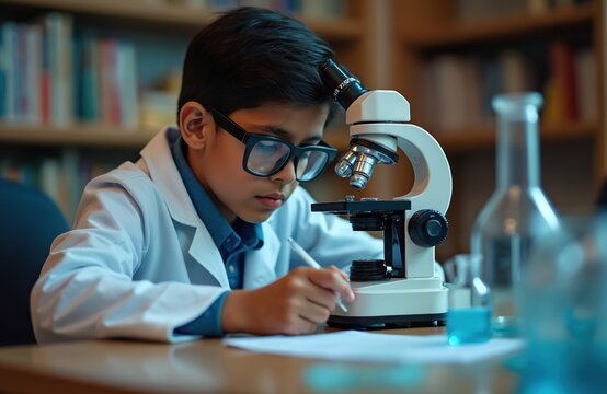 Smart indian boy in lab coat examines sample with microscope. Young student researches, takes notes in science classroom. Schoolboy learns science, biotechnology. Studying hard pursuing scientific