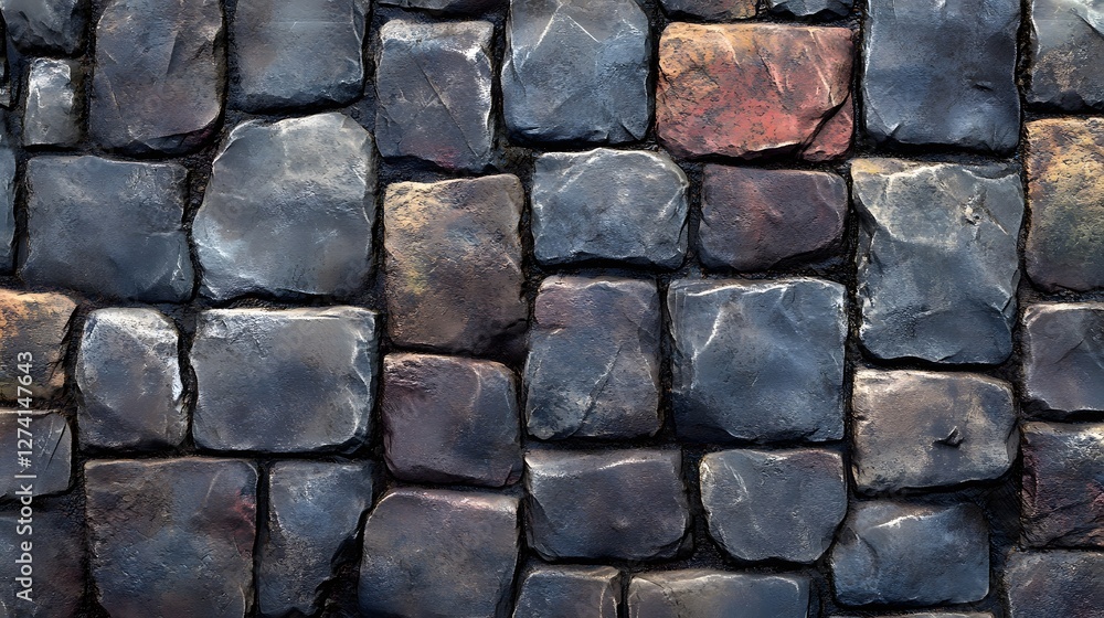 Poster a detailed texture of dark grey and brown cobblestones. perfect for background or design element. ma