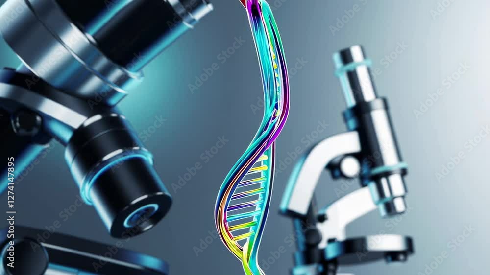 Aufkleber colorful dna double helix rotating slowly in a research laboratory with a microscope in the backgrou