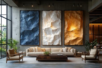 Modern living space with textured artwork comfortable seating and natural light creating a serene and sophisticated atmosphere