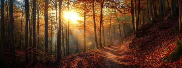 A forest in autumn, with trees of various colors and leaves falling to the ground, creating an enchanting landscape
