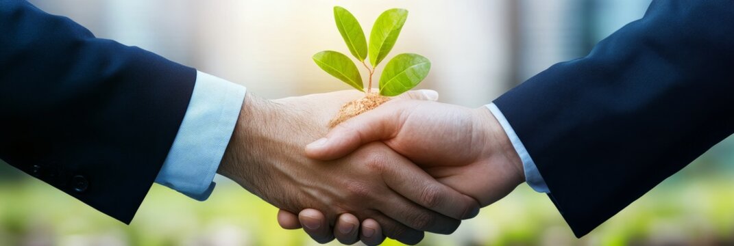 Sustainable Business Partnership: Growth and Collaboration - Businessmen shaking hands, a small plant symbolizing growth, partnership, sustainability, eco-friendly business