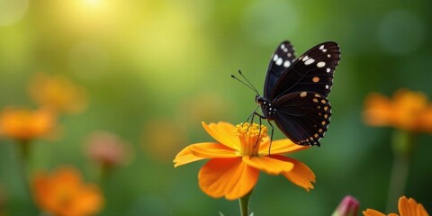 Obraz premium A dark butterfly with white spots delicately perched on a vibrant orange flower, bathed in soft sunlight amidst a blurred garden backdrop of similar blossoms.