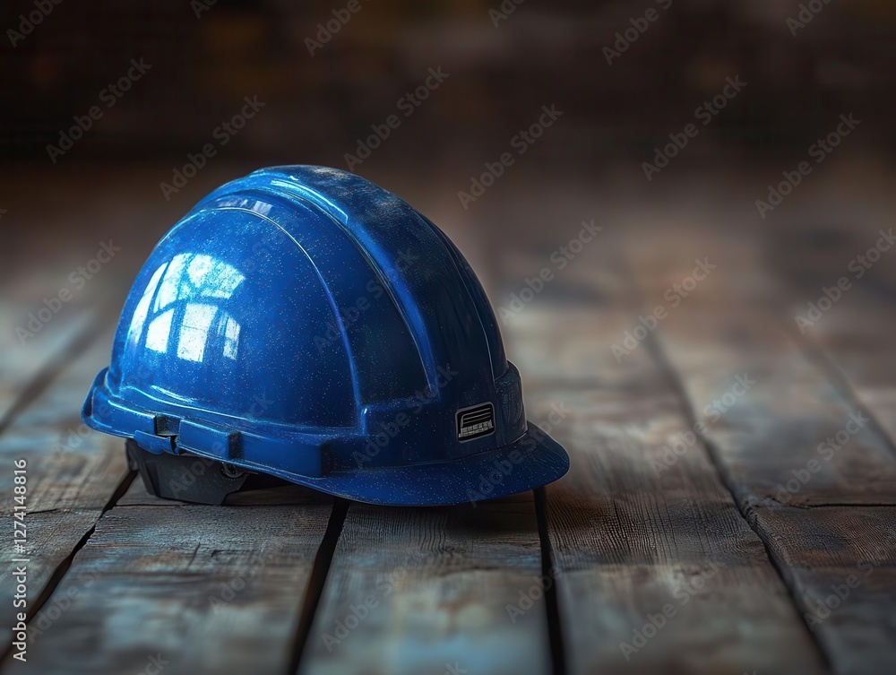 Poster striking ai generated art featuring a construction helmet resting on a rustic wooden table with an i