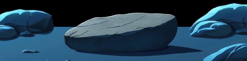 Single grey rock on dark blue water, other rocks background, game asset