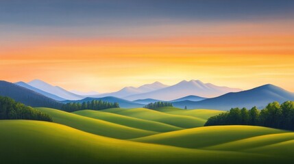 A serene landscape featuring rolling hills and majestic mountains under a vibrant sunset
