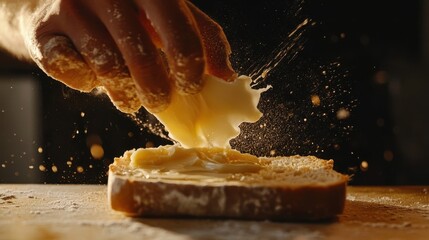 Hand spreading butter onto bread slice