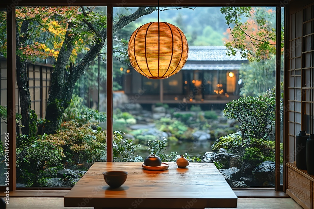 Poster a tranquil scene of a room overlooking a beautiful garden with an ornate lantern hanging from above 