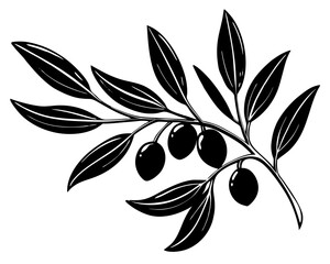 A simple, elegant silhouette of an olive branch with leaves and olives.