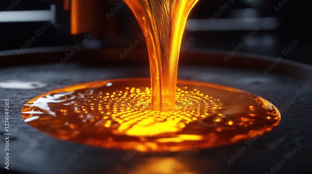 Poster striking visual art of liquid gold cascading into a graphite casting form, merging industrial elegan