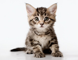 Un adorable cachorro de gato atigrado sentado y mirando de frente sobre fondo blanco