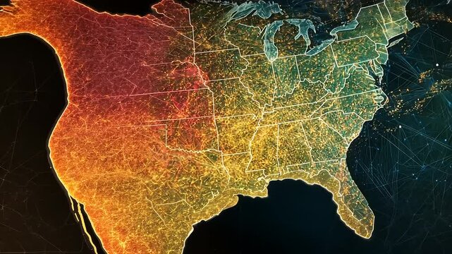 Colorful digital map of the United States showcasing interconnected networks and data flow - Powered by Adobe